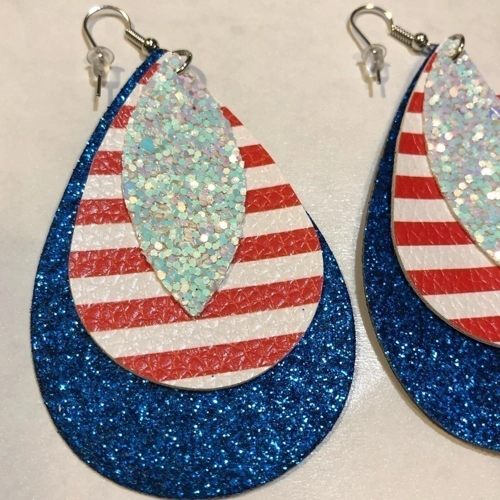 New! Lightweight Faux Leather Drop 3 Layer Patriotic Red Dangle Earrings